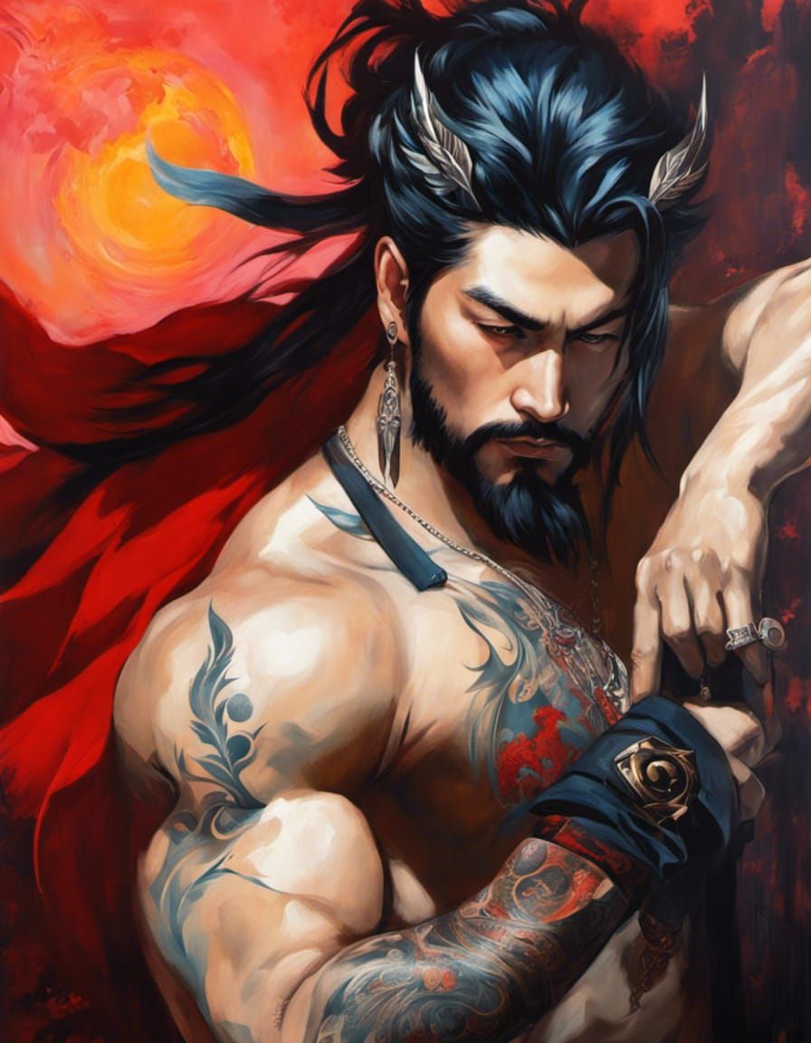 Gothic Man with Tattoos in Acrylic Painting Style