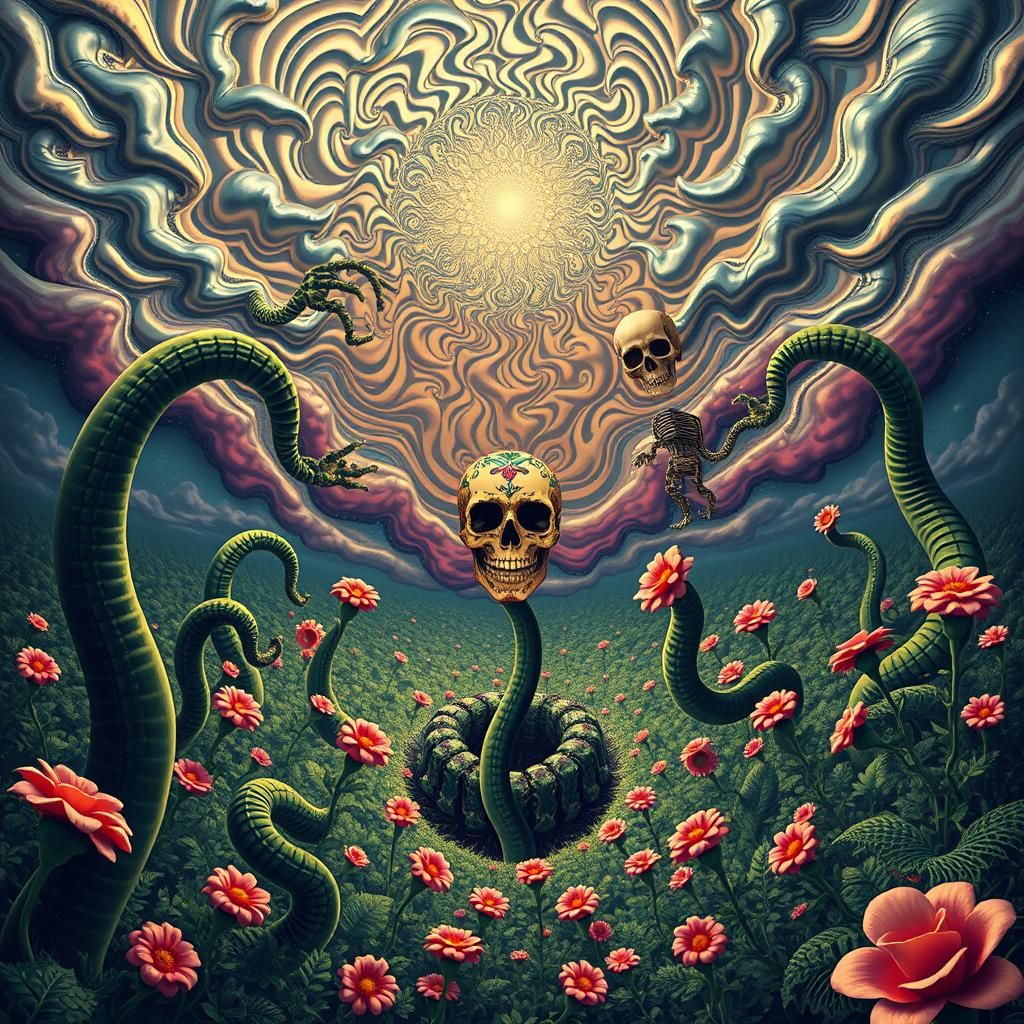 Surreal Landscape with Elastic Flora and Sugar Skull