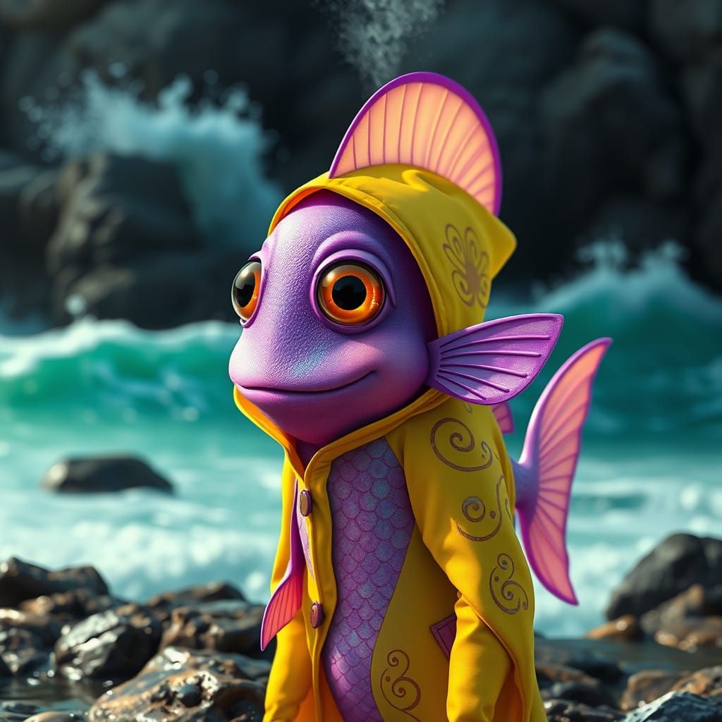 Whimsical Art Nouveau Fish Stands on Rocky Shore