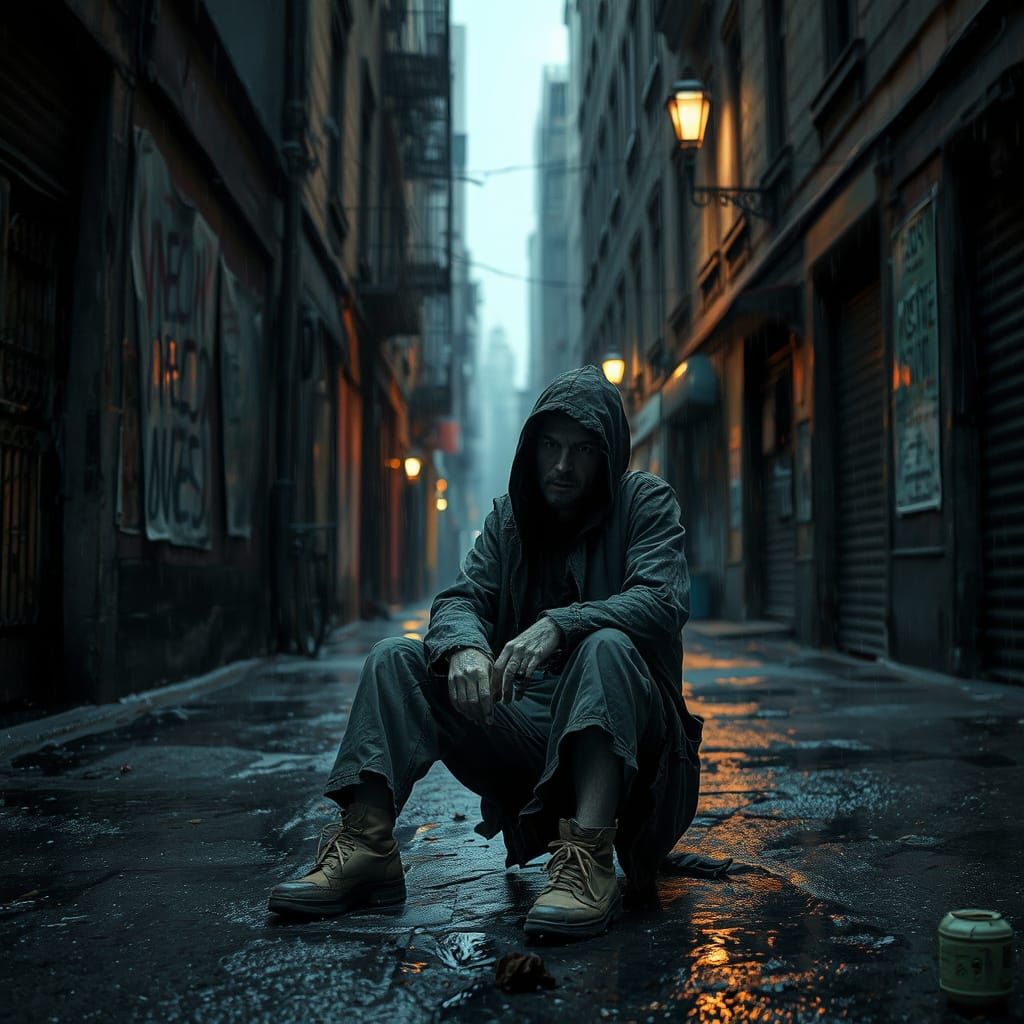 Desolate Figure in Rainy City Alley