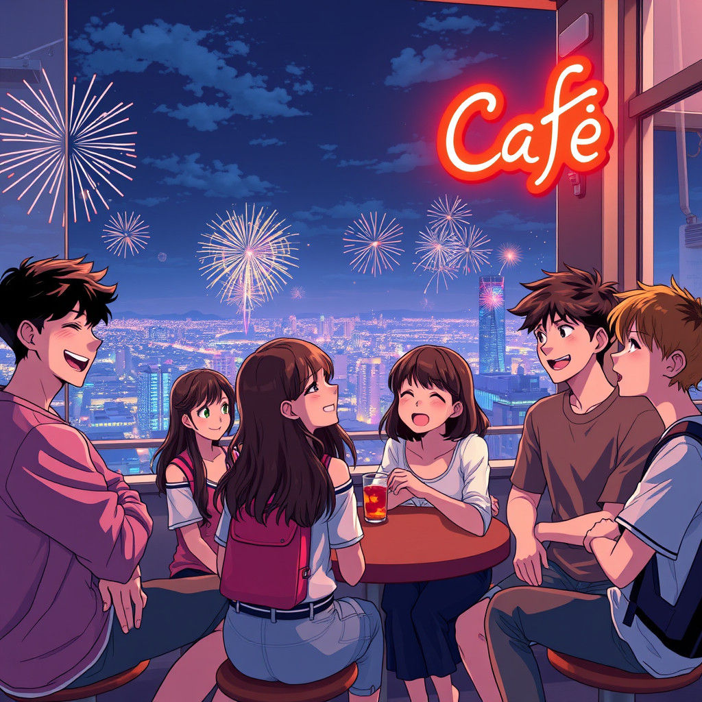 Teen Friends at Night Cafe in Anime Style
