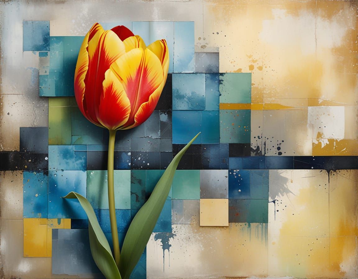 Gouache Painting of a Tulip with Abstract Background