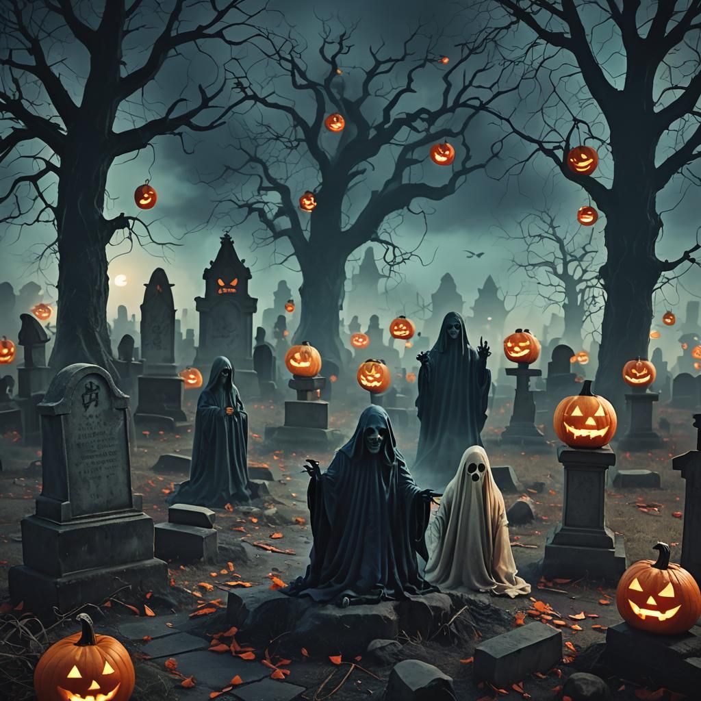 Eerie Graveyard Gathering of Ghosts in Dark Surrealism
