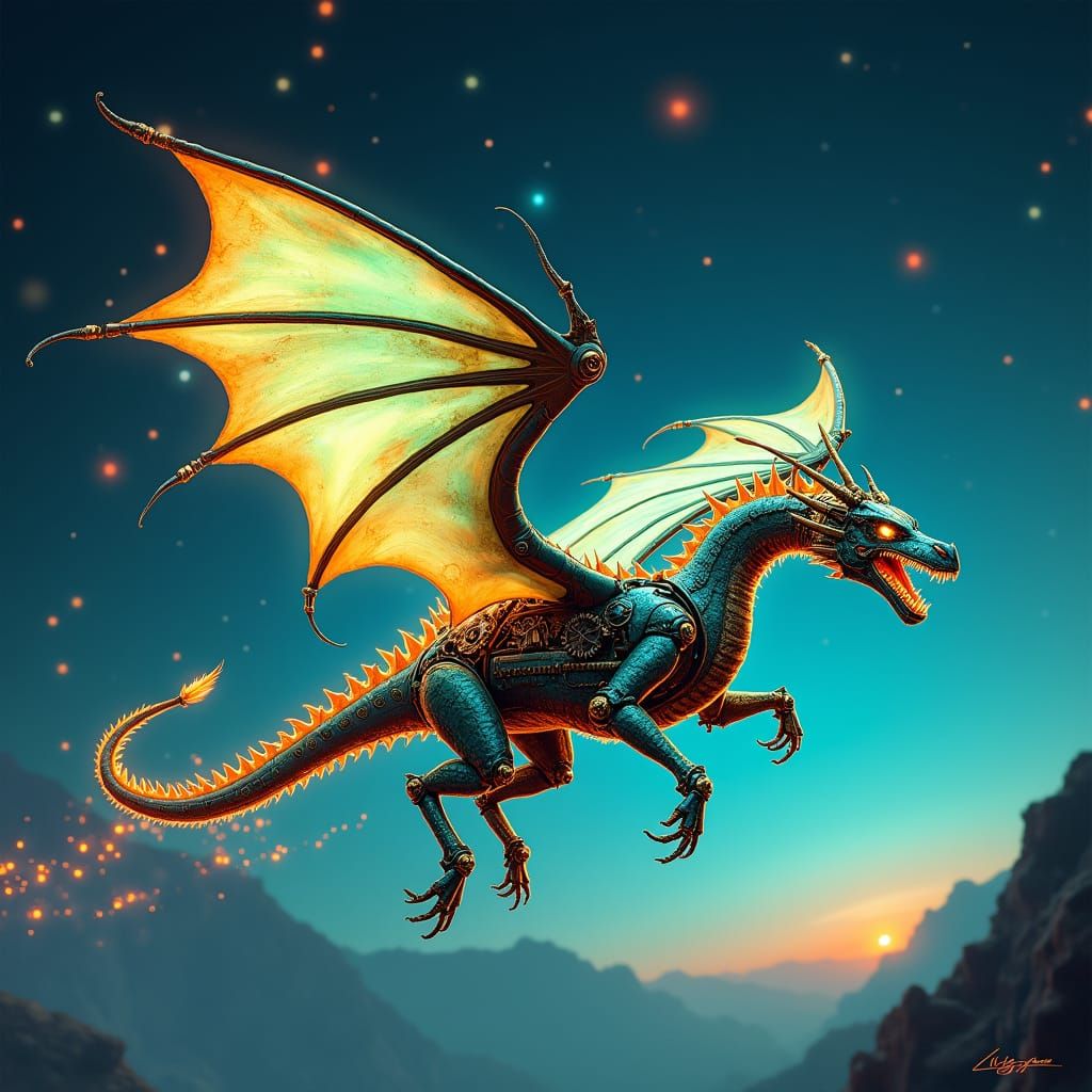 Steampunk Mechanical Dragon in Flight at Night