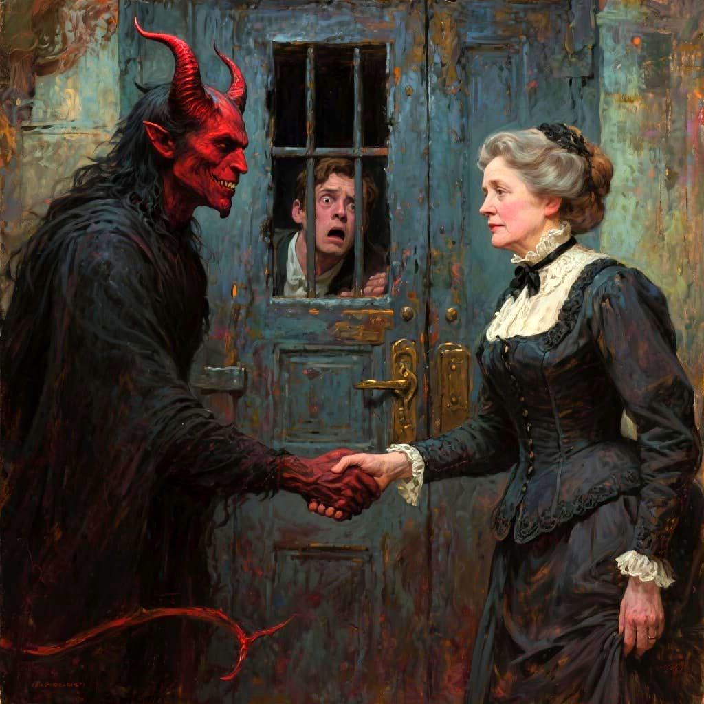 Victorian Oil Painting of Satan and Woman Shaking Hands