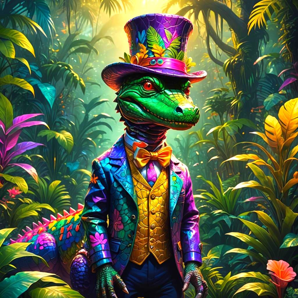 Lisa Frank Alligator in Top Hat, Detailed Painting