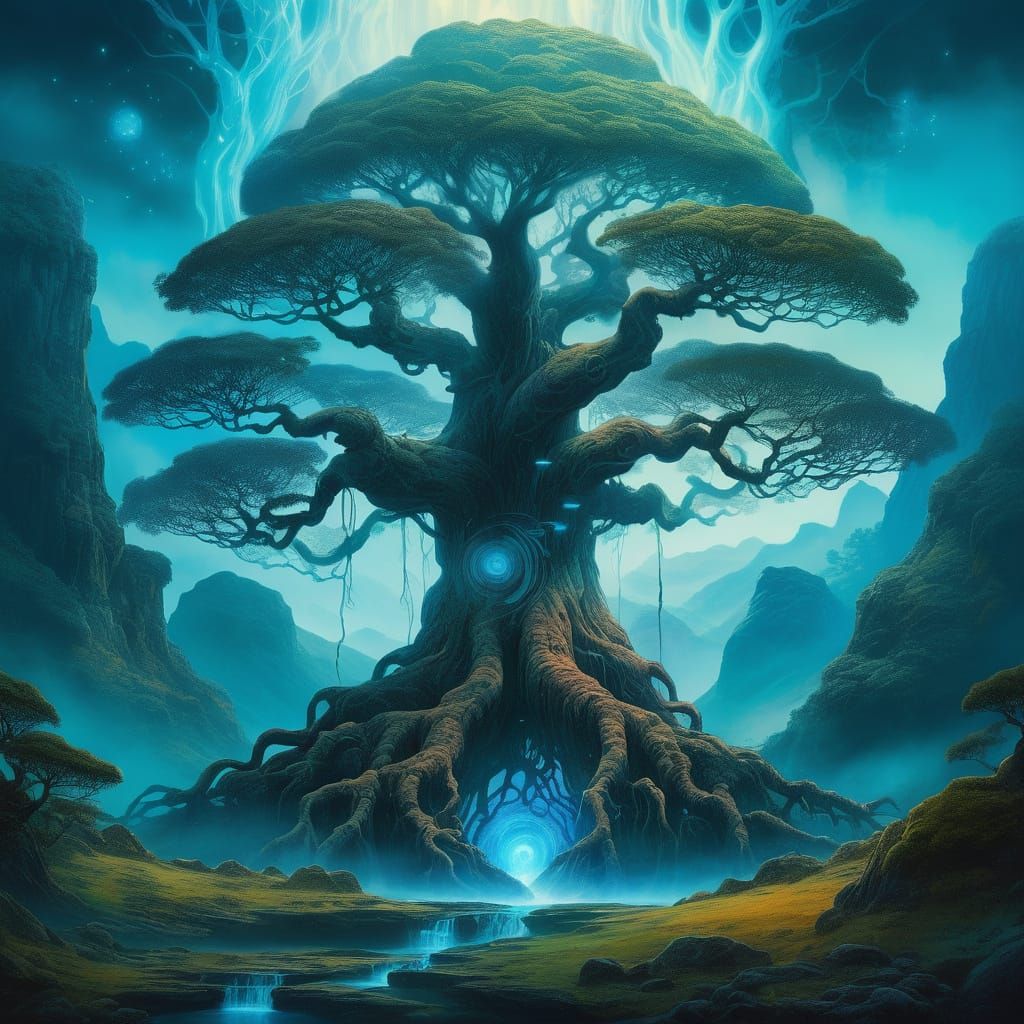 Ancient Tree with Glowing Portals in Misty Valley