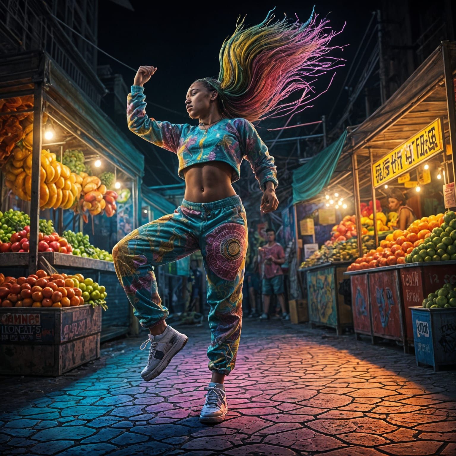Surreal Caribbean Breakdancer Shines in Neon Night Market