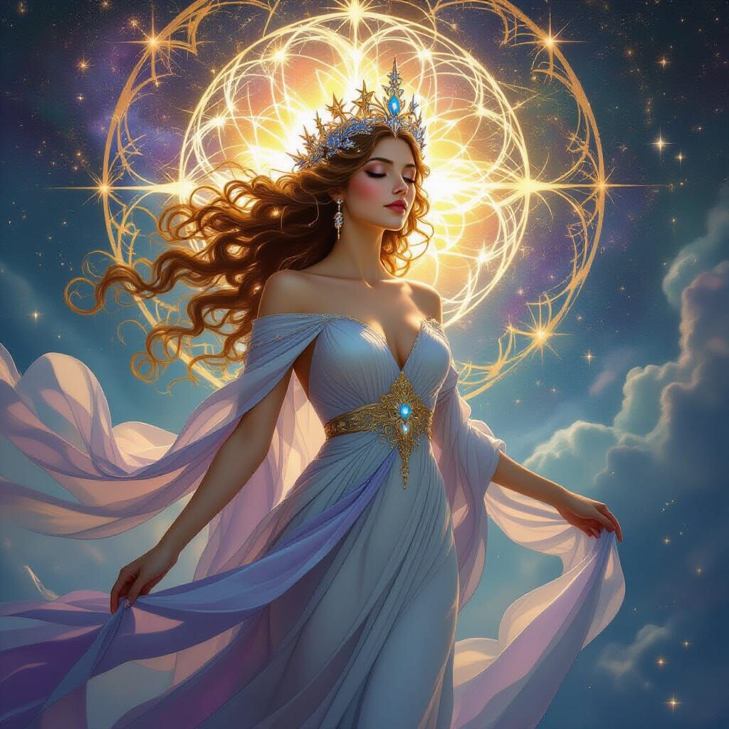 Celestial Goddess Emerging from Nebula in Art Nouveau Style
