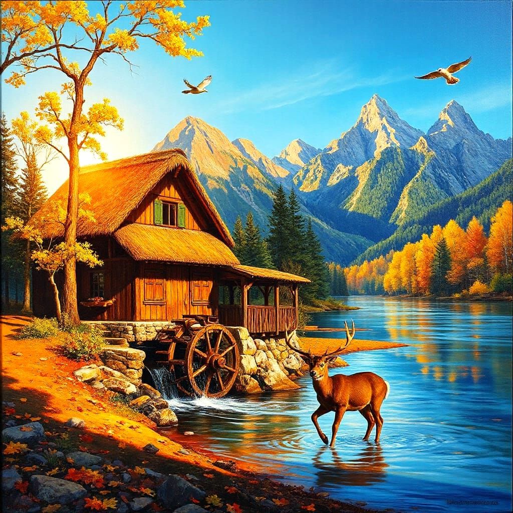 Autumn Riverbank Village in Impasto Style