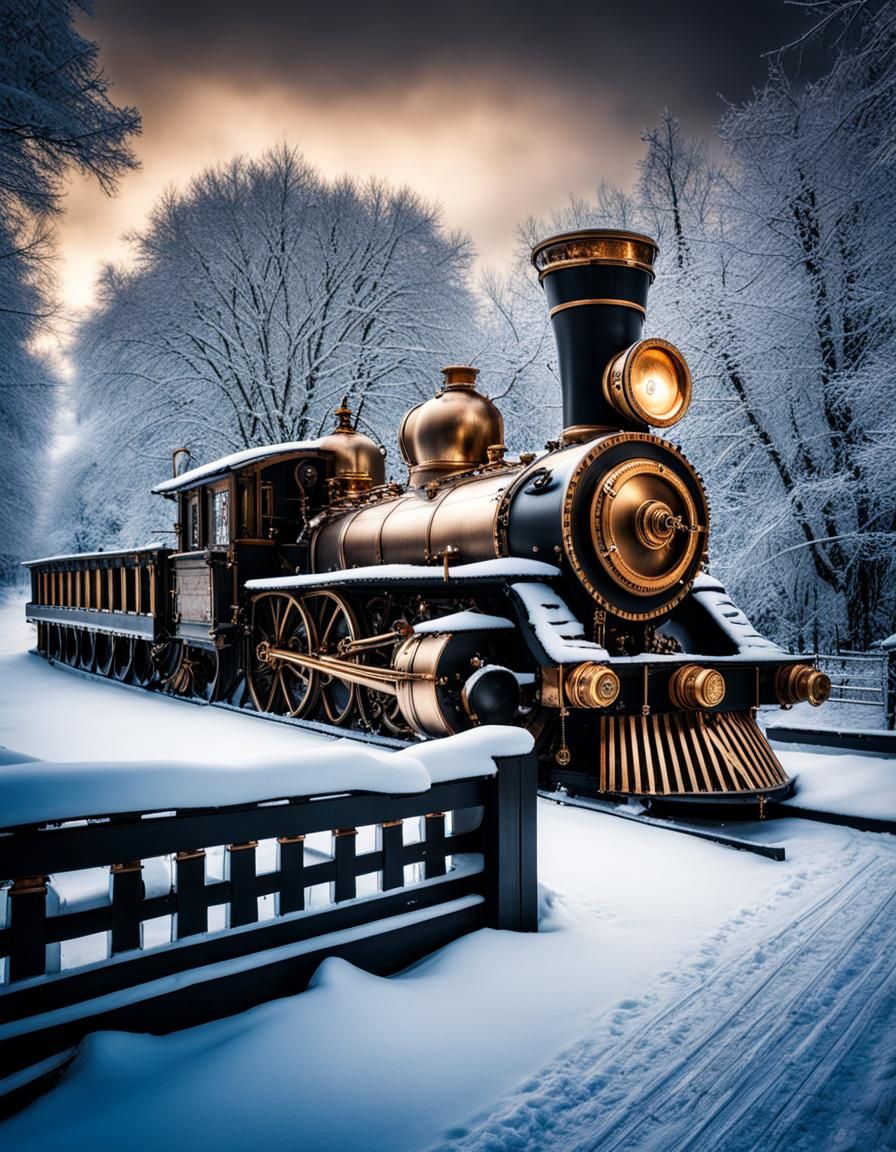 Steampunk Winter Wonderland in Hyperrealistic Detail