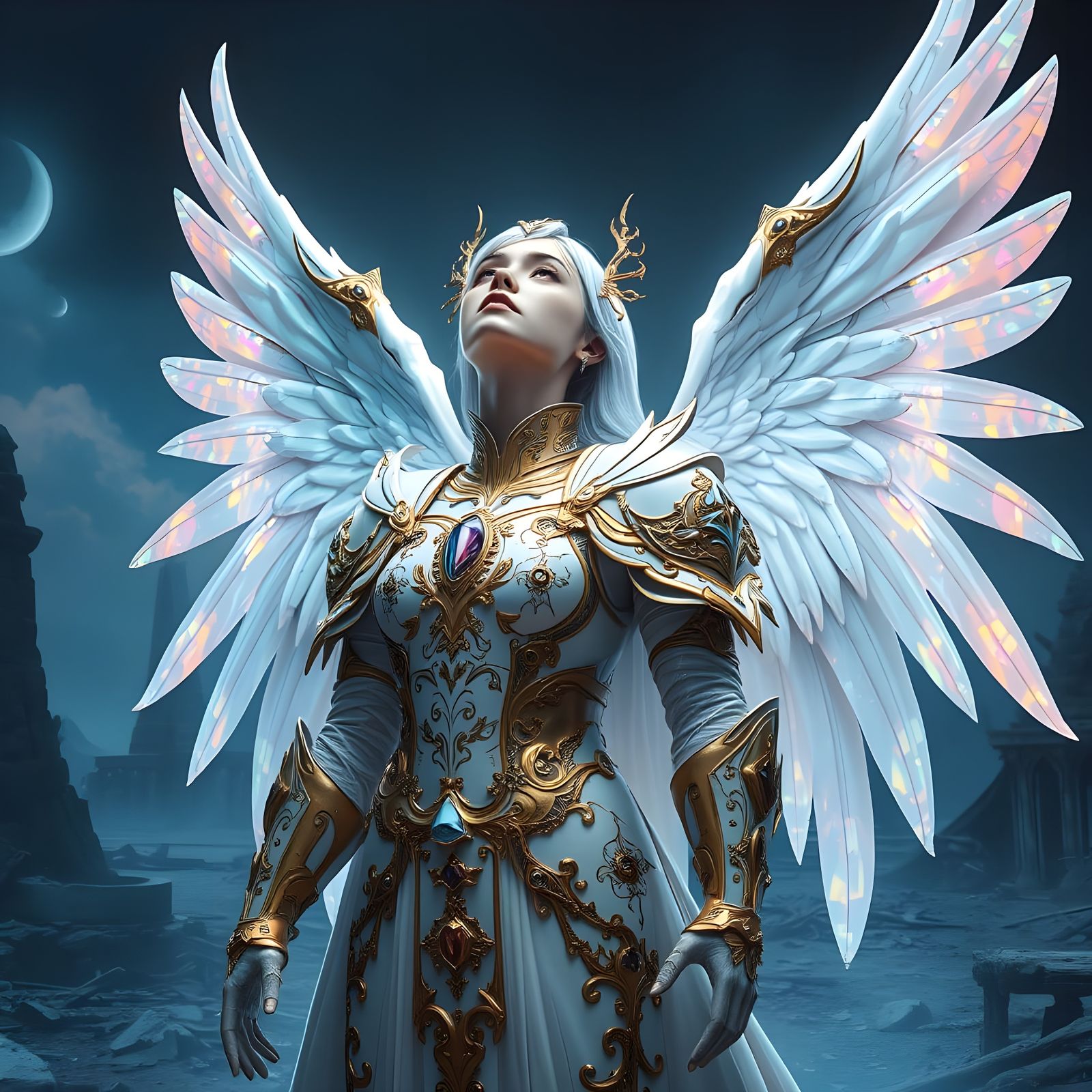 Surreal Fallen Angel Contemplates Heaven in Opalescent Armor