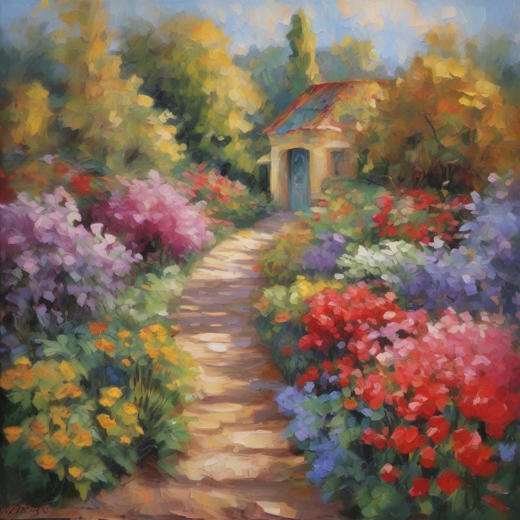 Whimsical Country Garden Fantasy in Neo-Impressionist Style
