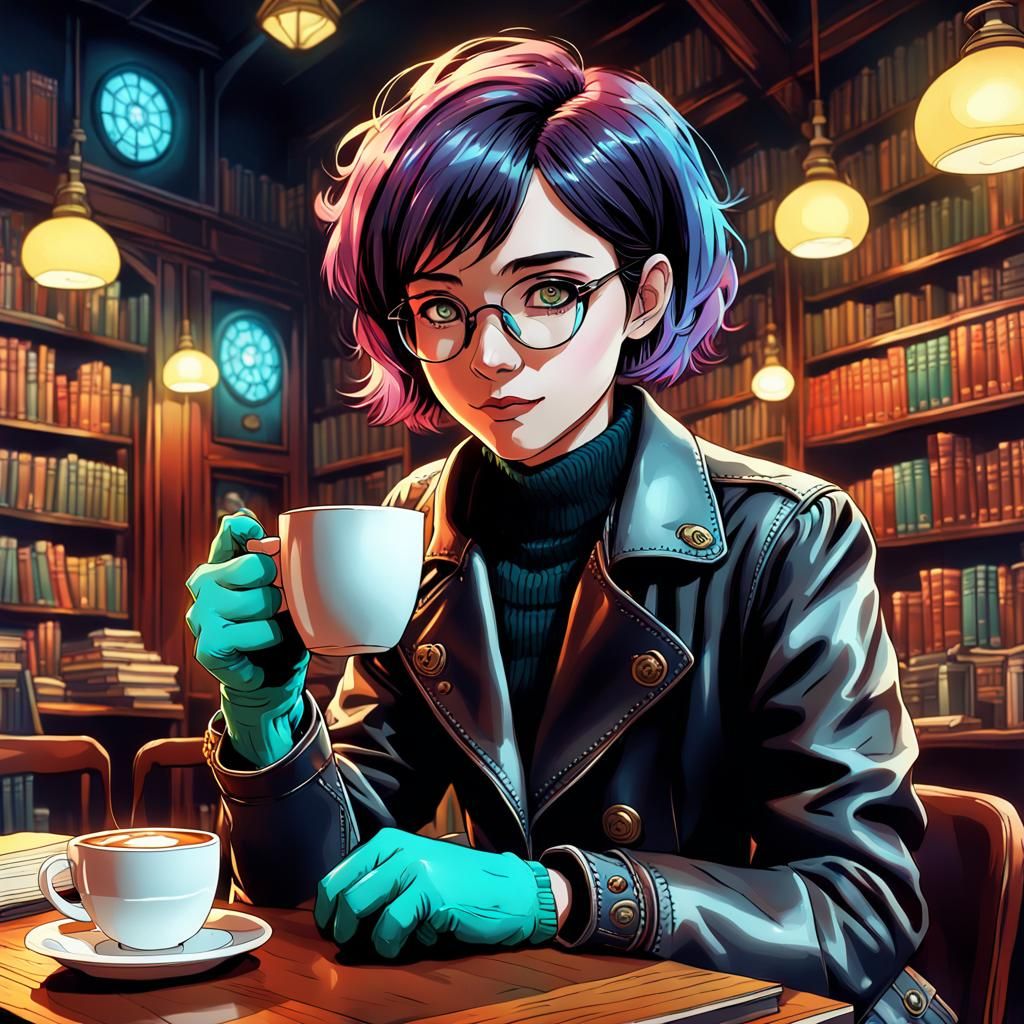 90s Anime Goth Librarian Enjoying Coffee