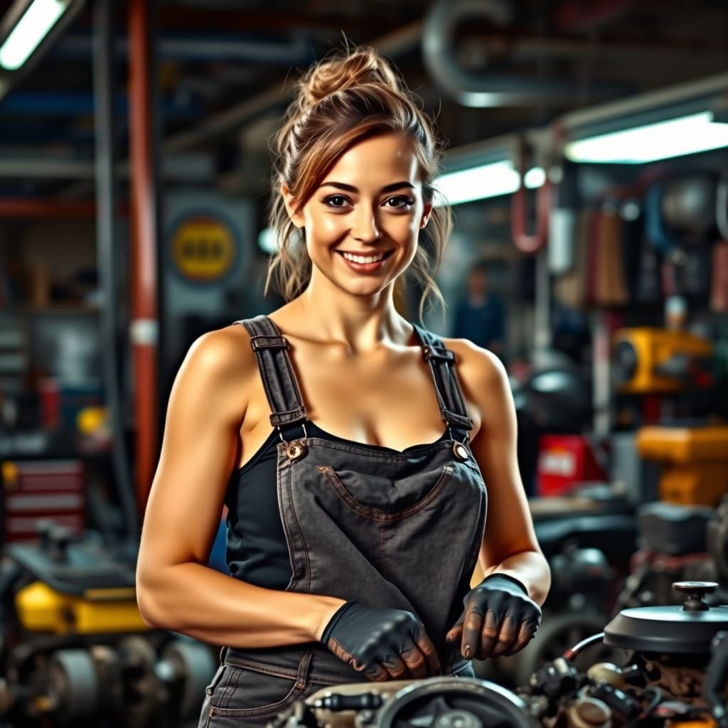 Skilled Female Mechanic Working in Bustling Garage