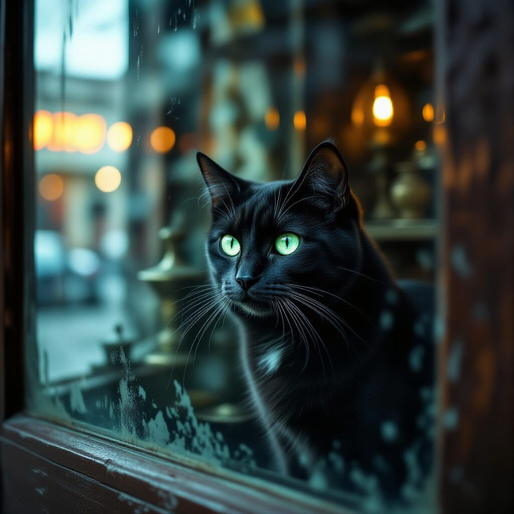 Spectral Cat Peeks from Antique Shop Window