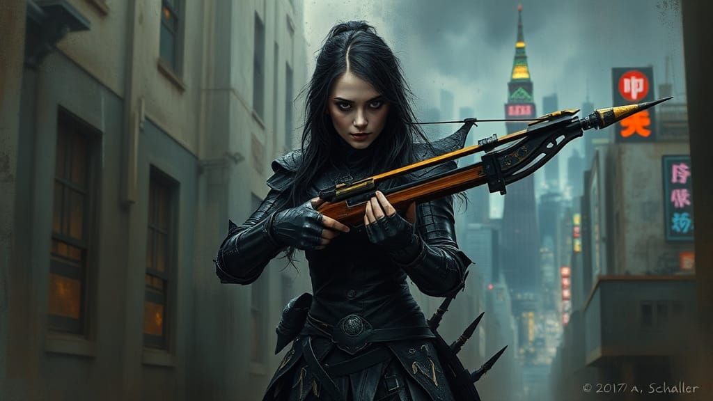 Vampire Slayer in Dystopian Cityscape, Art Deco Style