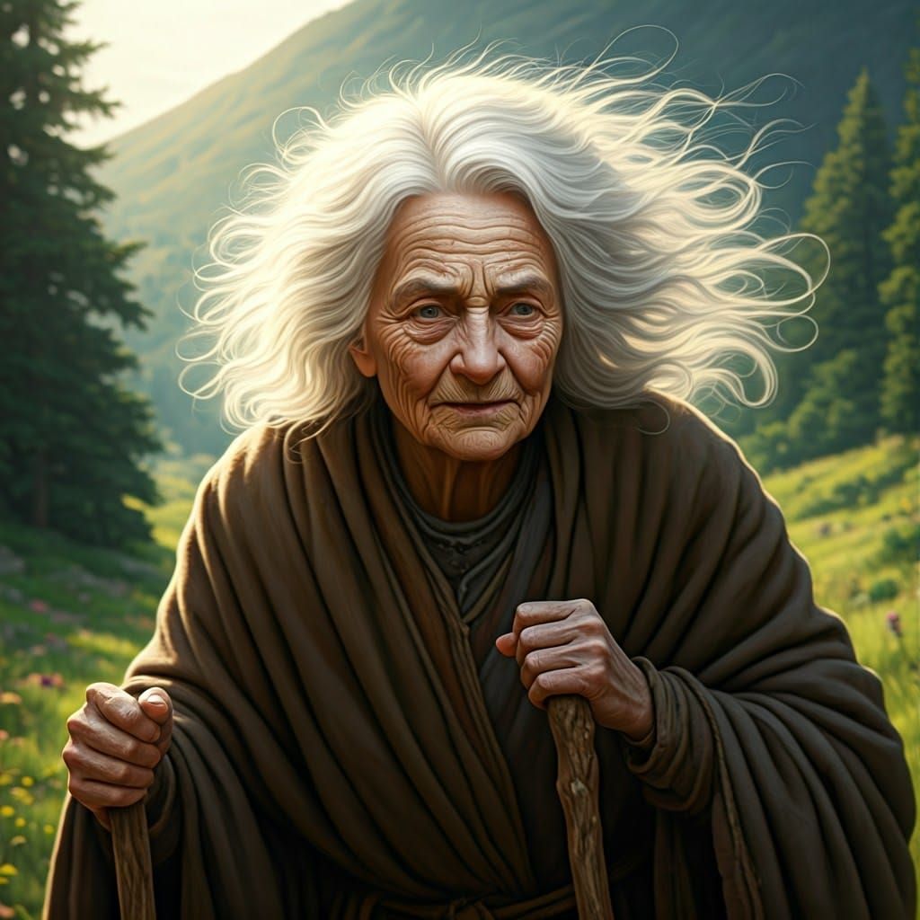 Elderly Woman Walks Through Fantastical Landscape