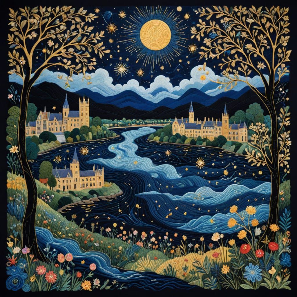 Luxurious Embroidered River Thames at Night