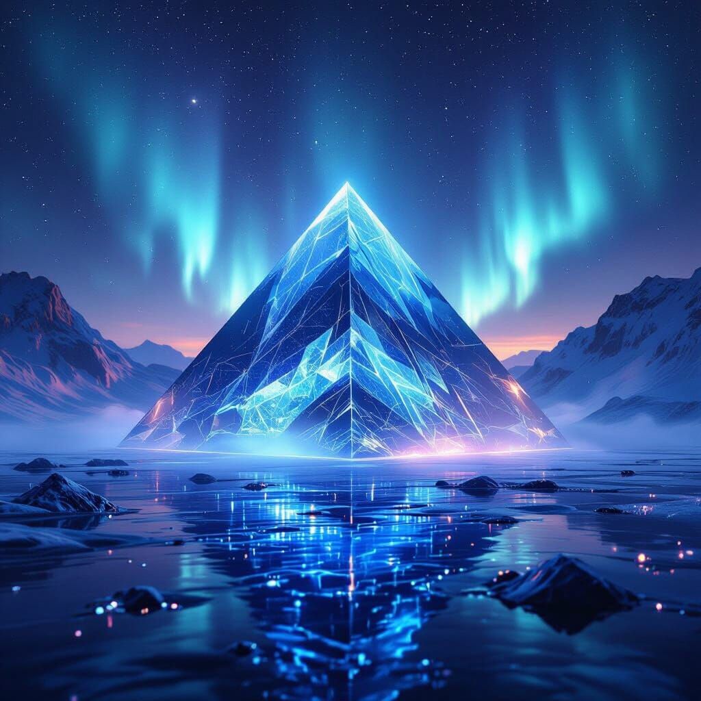 Crystal Blue Pyramid Amidst Aurora Mist