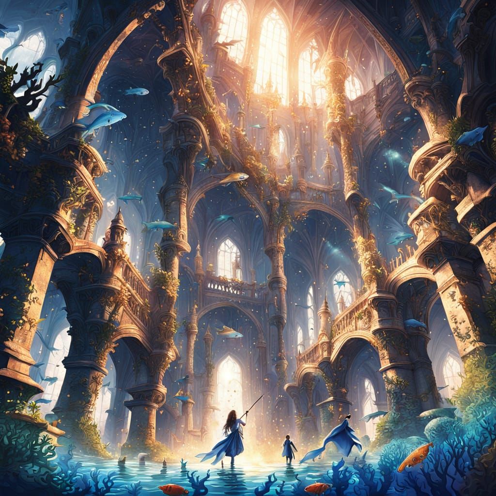 Ethereal Watercolor Fantasy Castle Amidst Oceanic Splendor