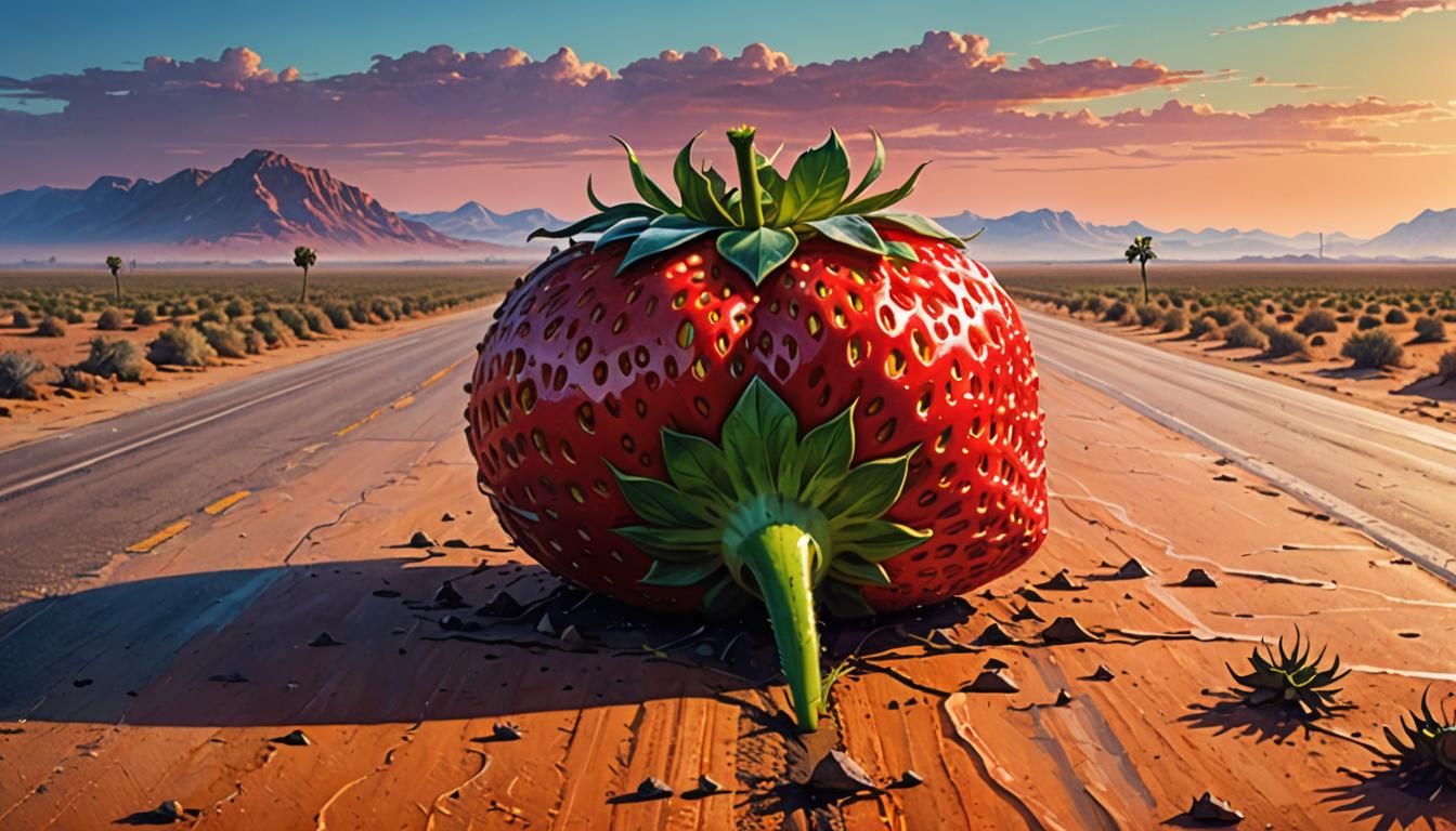Gigantic Strawberry in Desert, Retro-Futuristic Oil Painting