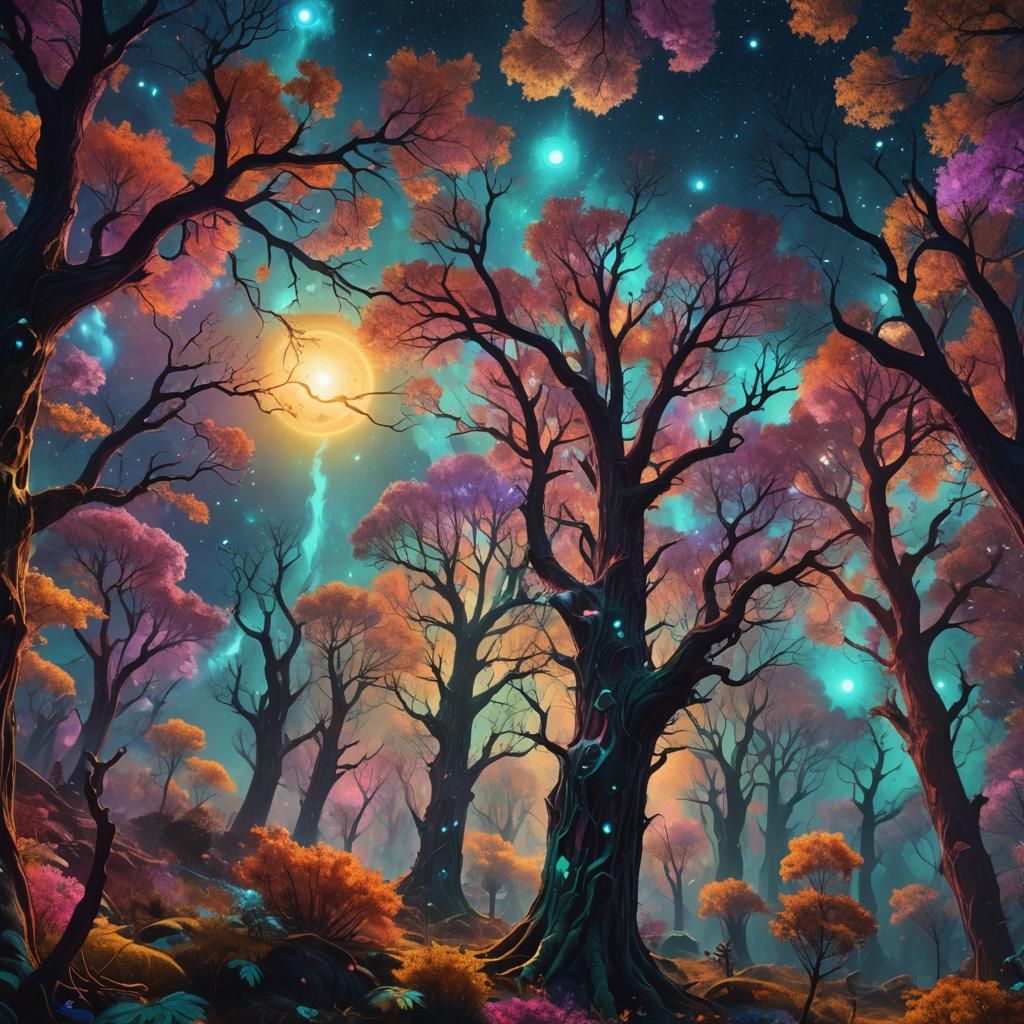 Cosmic Surrealism: Towering Trees Illuminate Distant Planet