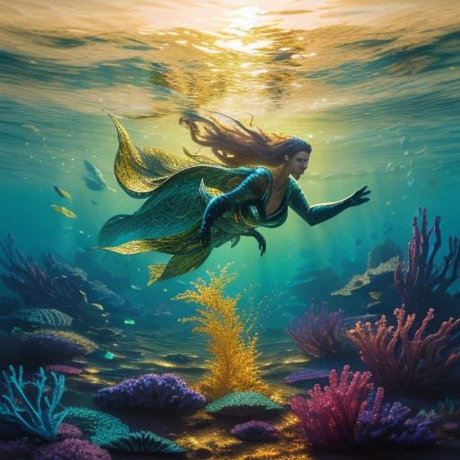 Underwater Person in Vibrant Oil Painting Style