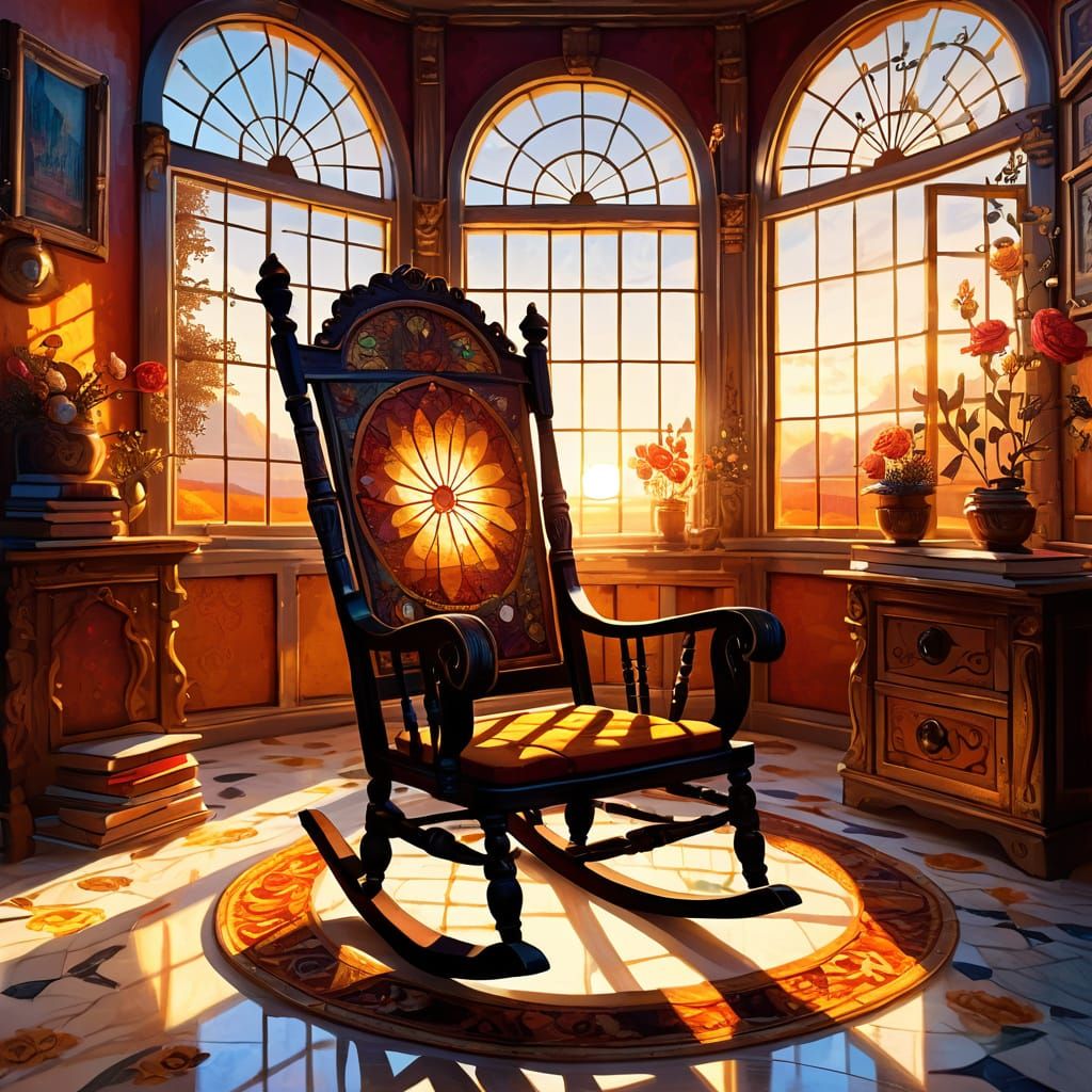 Cozy Fantasy Room with Rocking Chair in Oil Painting Style