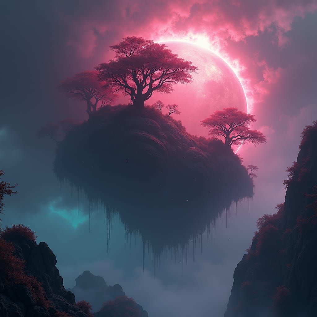 Mystical Crimson Planet in Ethereal Landscape