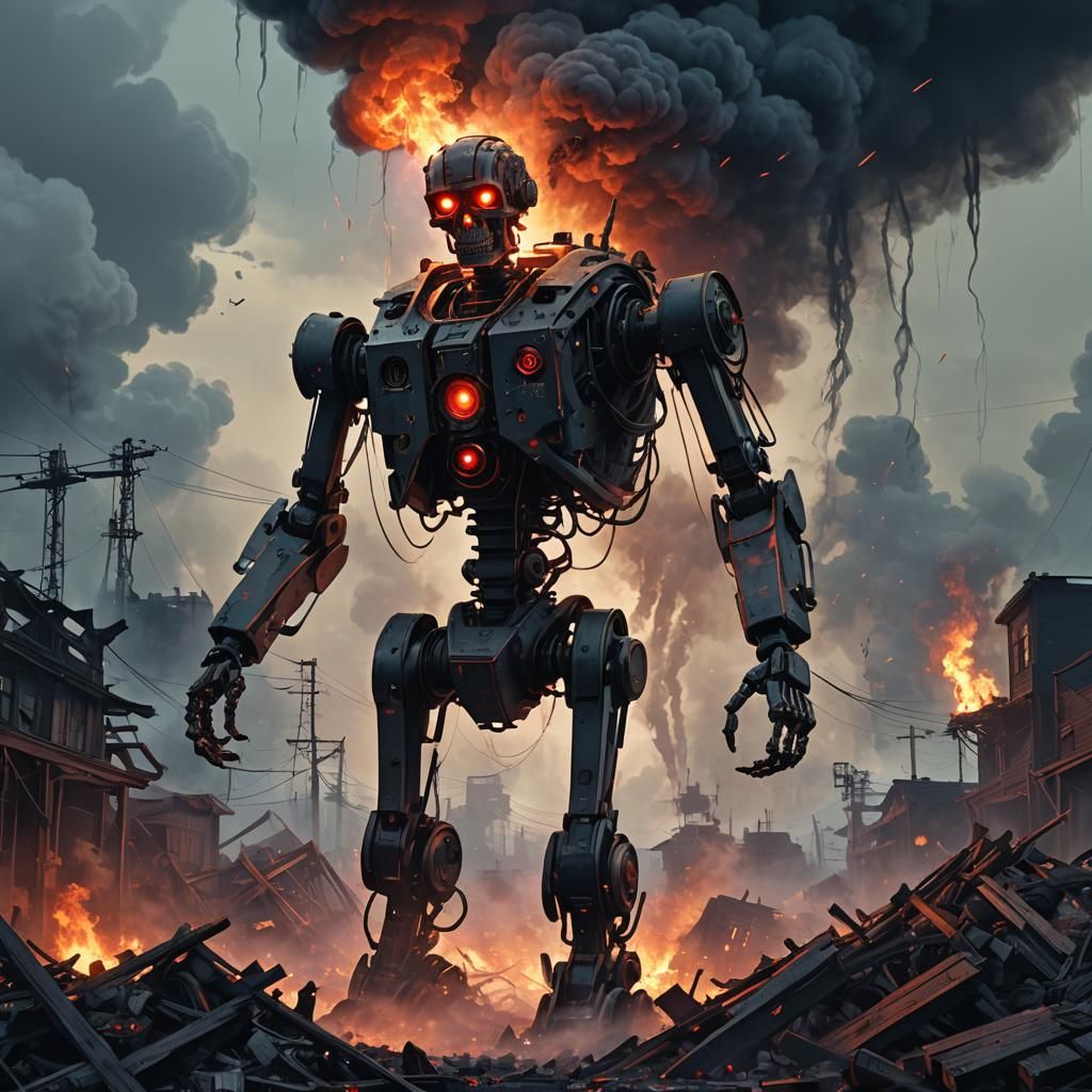 Menacing Robot in Post-Apocalyptic Landscape