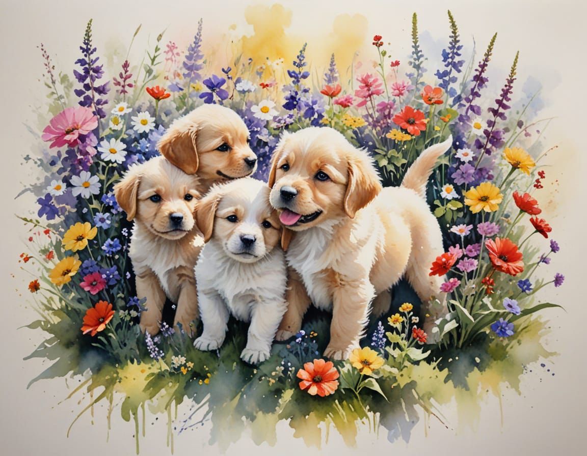 Playful Puppies in a Sunlit Garden as Watercolour Painting