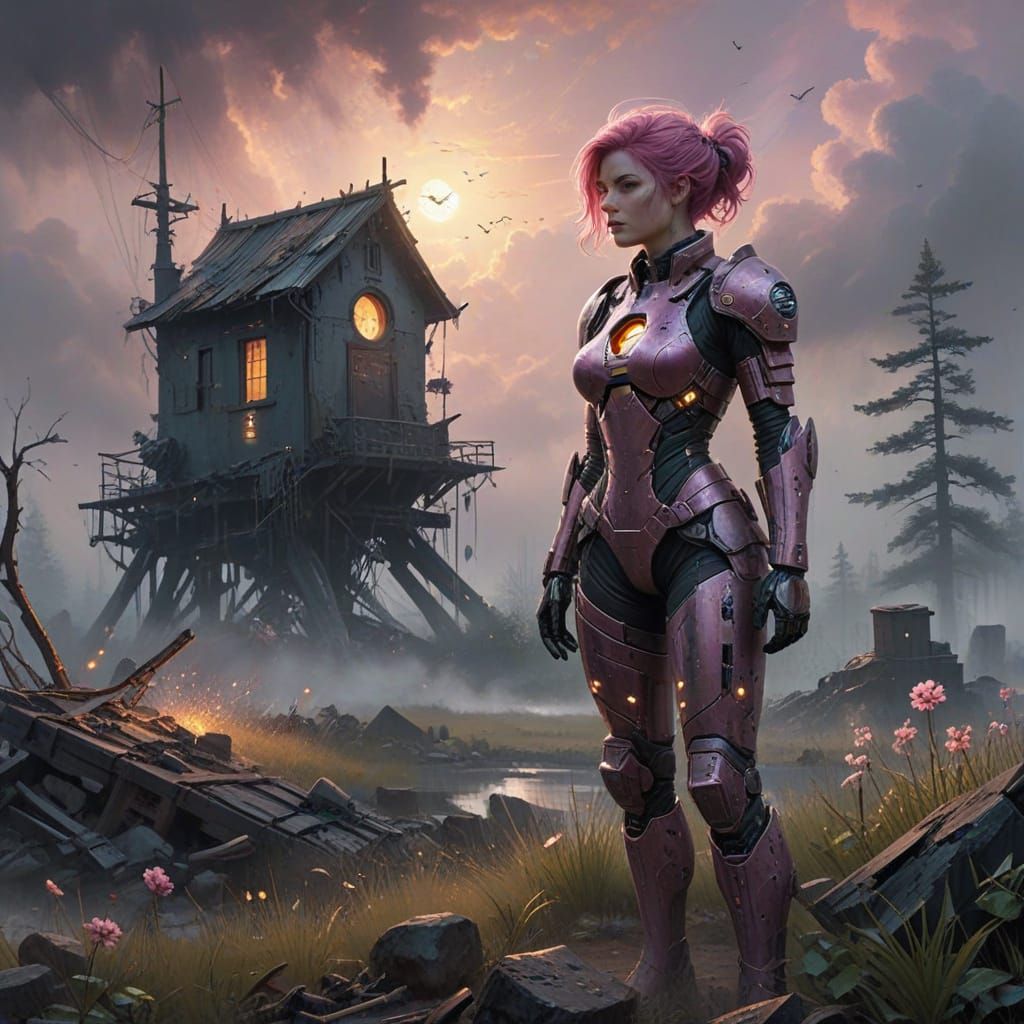 Pink-Haired Woman in Battlefield Birdhouse, Vintage Sci-Fi A...