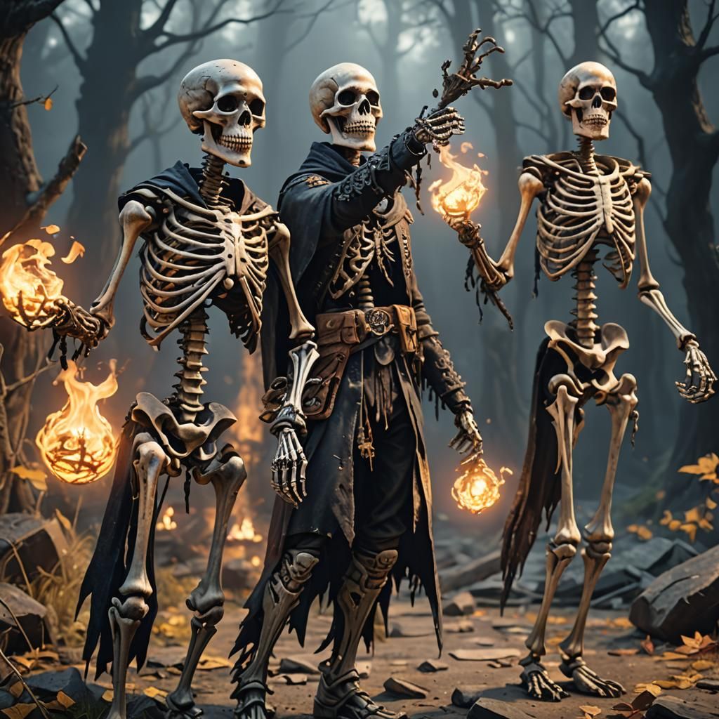 Dark Skeleton Wizards in 3D Cinematic Style