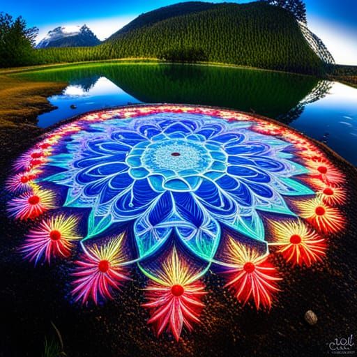 Luminous Rangoli Reflected in Crystal Lake