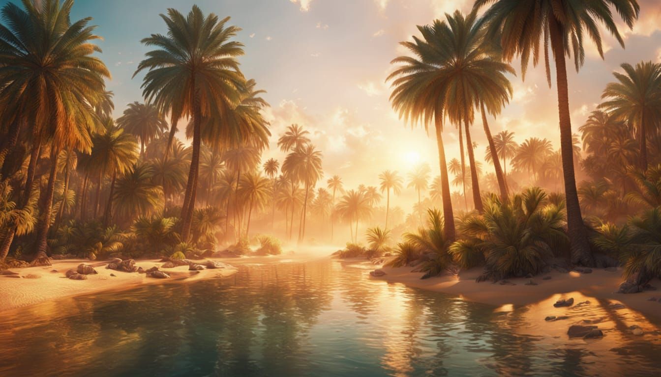 Travelers Bathing in Oasis Well: Cinematic Digital Painting
