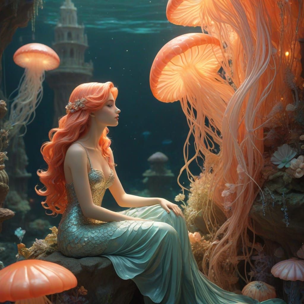 Mermaid in Sunken City: Art Nouveau Ghibli Style