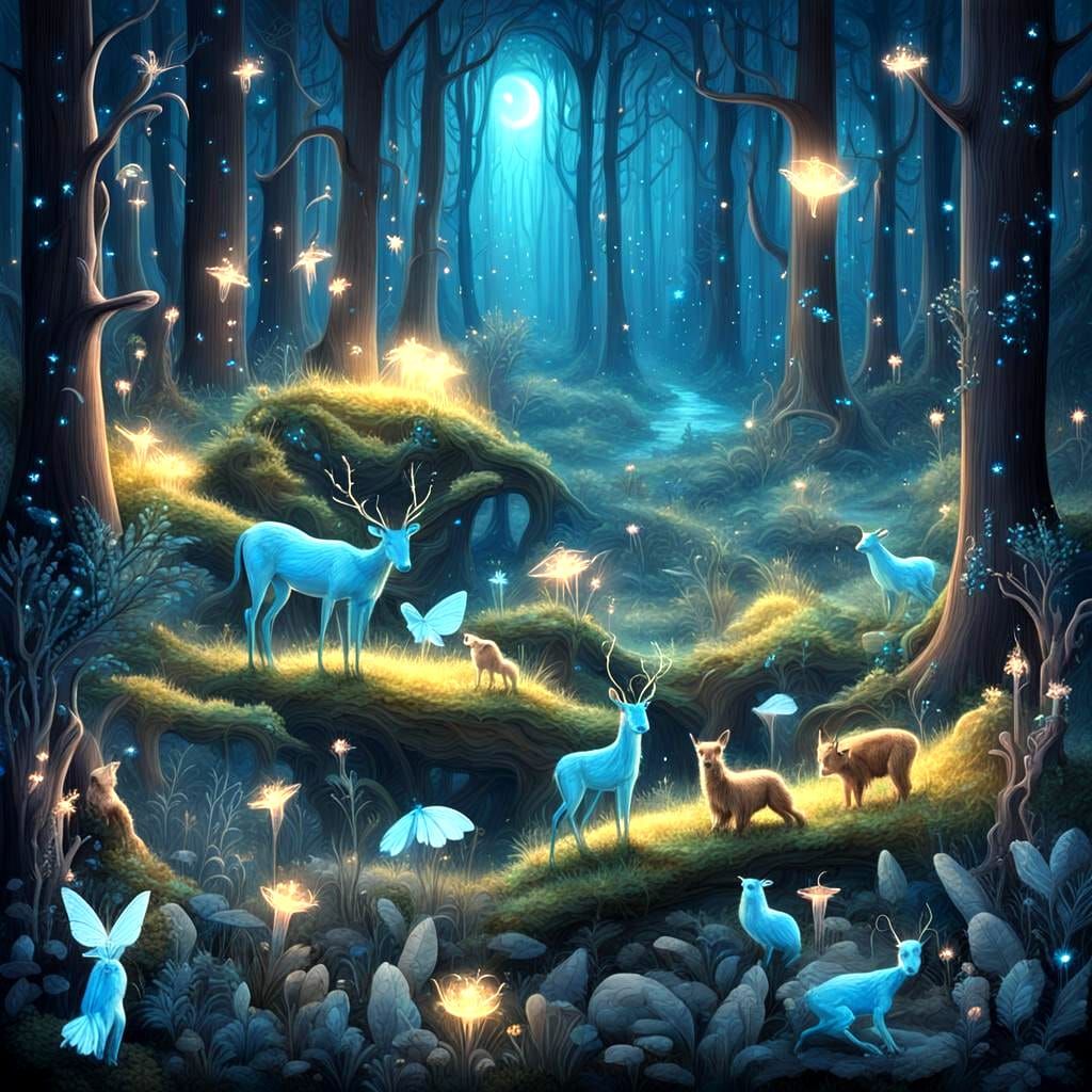 Enchanted Bioluminescent Forest Illuminated by Midnight Sun