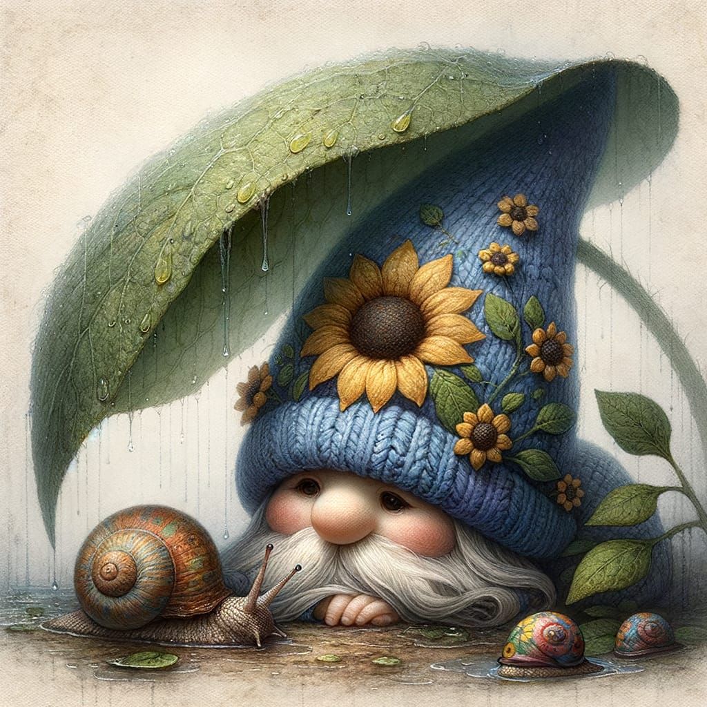 Gnome and Snail Sheltering from Rain in Dreamlike Style
