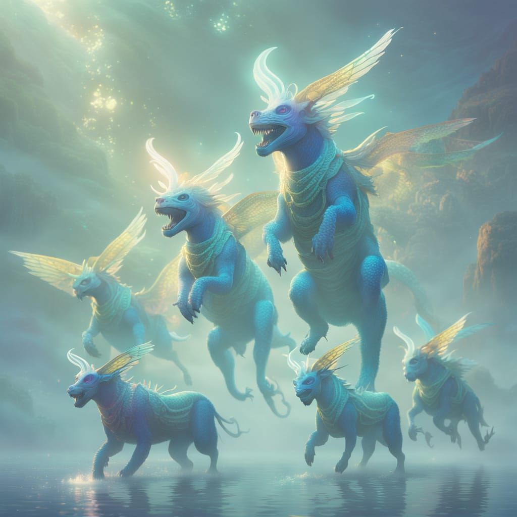 Bioluminescent Fantasy Creatures in Dreamy Mist
