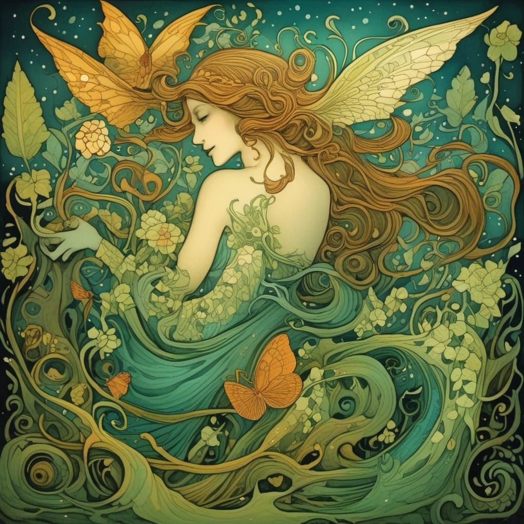 Fairy in Enchanted Forest in Woodcut Style