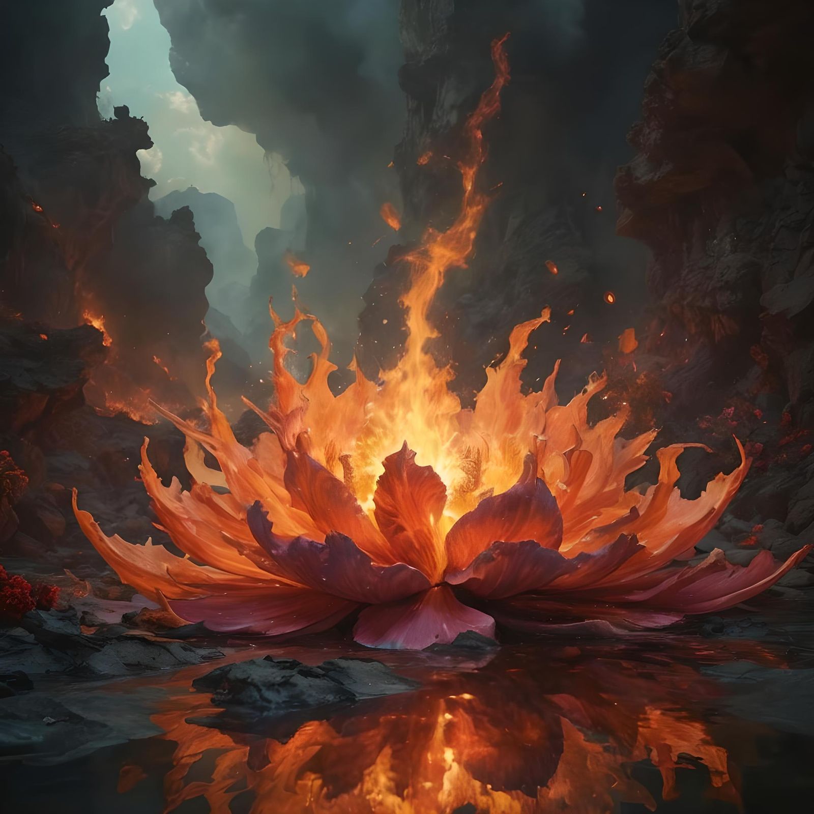 Underwater Planet with Fire Flowers in Watercolor Style