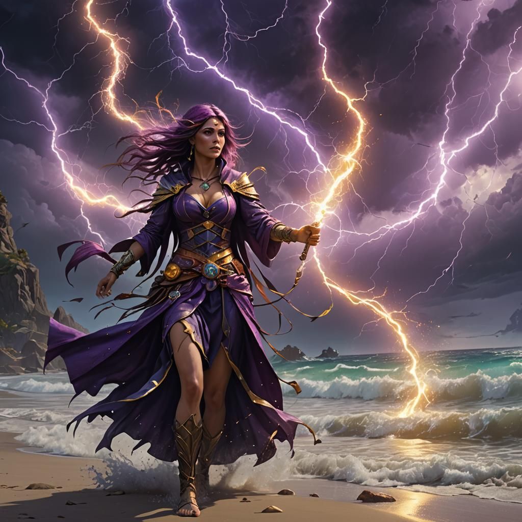 Sorceress Conjures Lightning on a Beach, Dark Fantasy Art