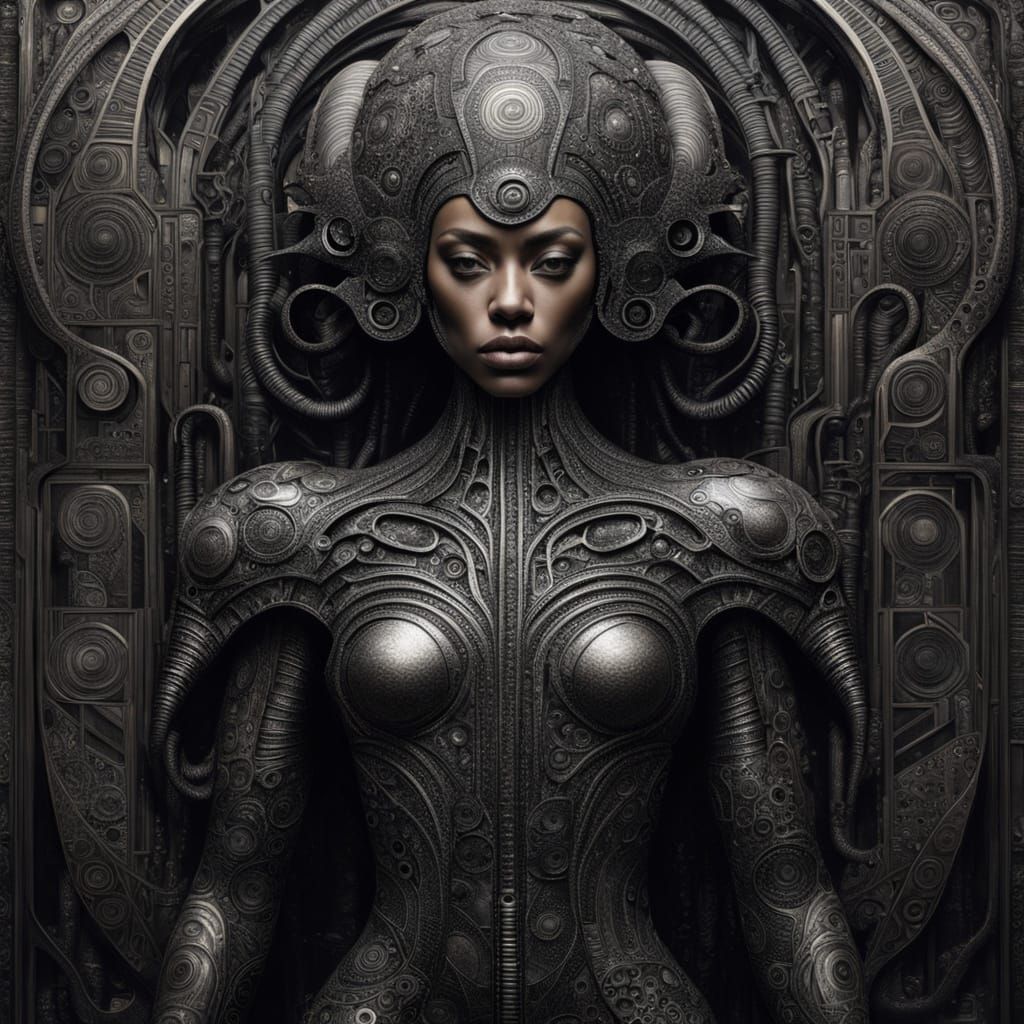 (gustav klimt style:2.5) (H.R. Giger style:3.0) armor Black woman sensual pose intricately detailed fantasy landscape ge...
