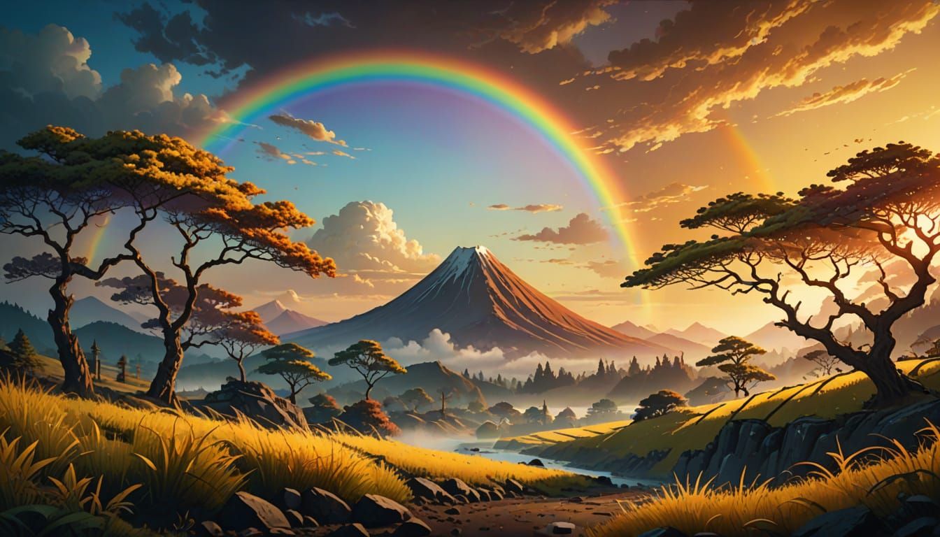 Surreal Japanese Uchikake Unfurls Against Sunset Landscape i...