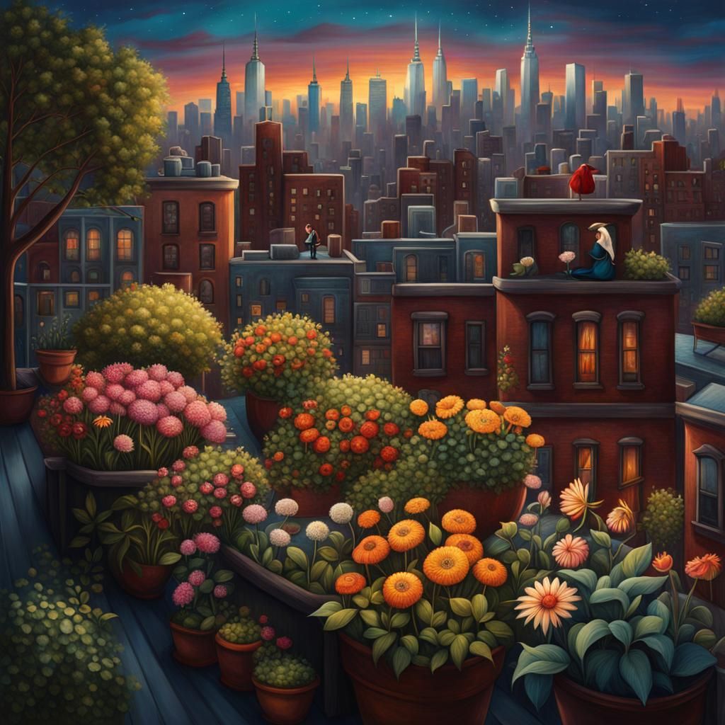 Blooming Rooftop Garden in Manhattan: Digital Painting