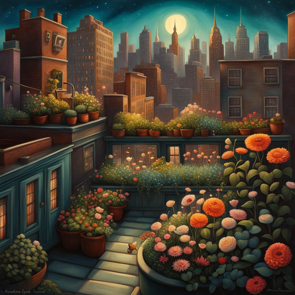 Blooming Rooftop Garden in Manhattan: Surreal Digital Art