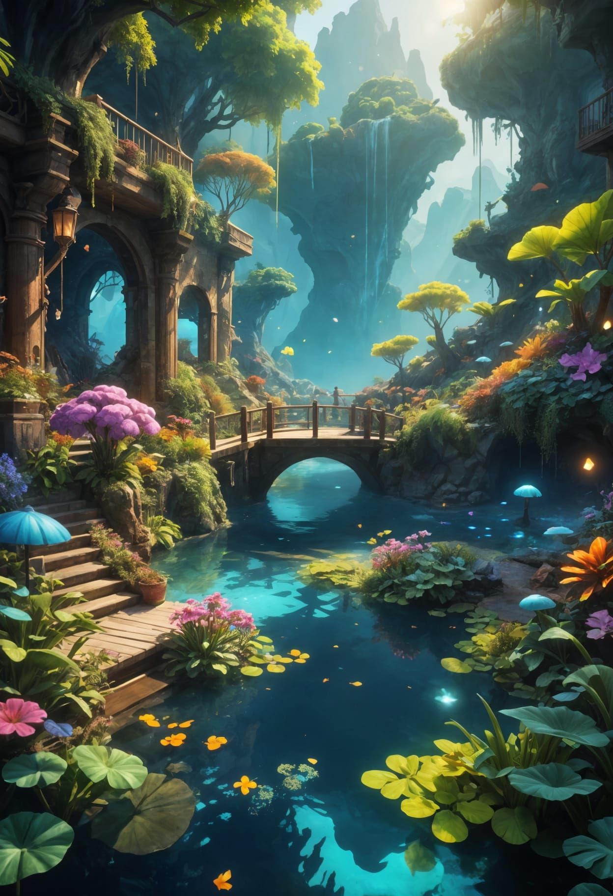 Surreal Landscape of Serene Bliss in Vibrant Water Colors