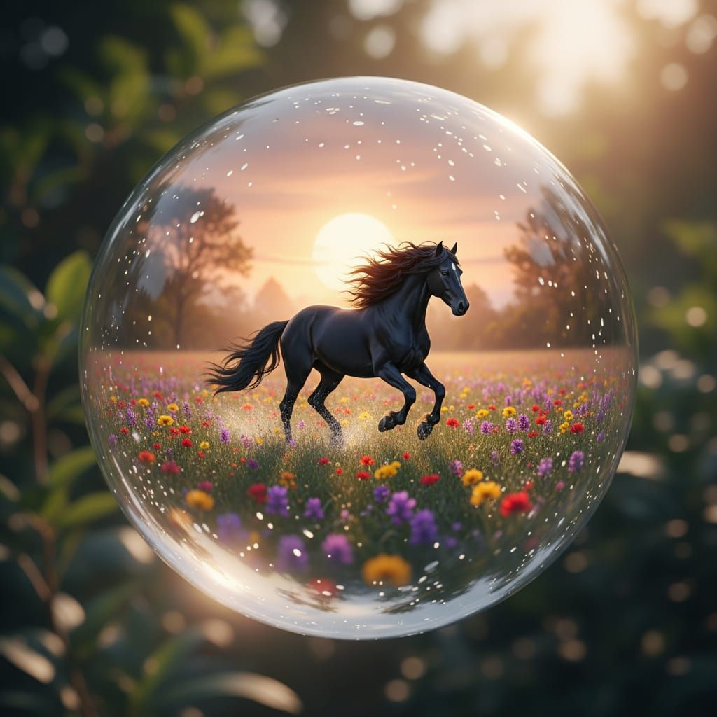 Miniature Floral Meadow with Black Stallion in Giant Water D...