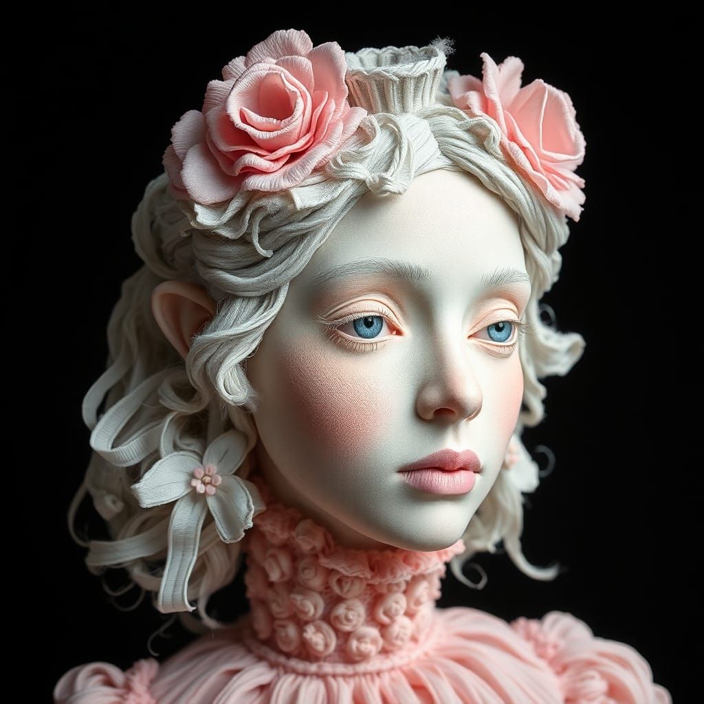Pastel French Folklore Portrait in Textile Sculpture Style